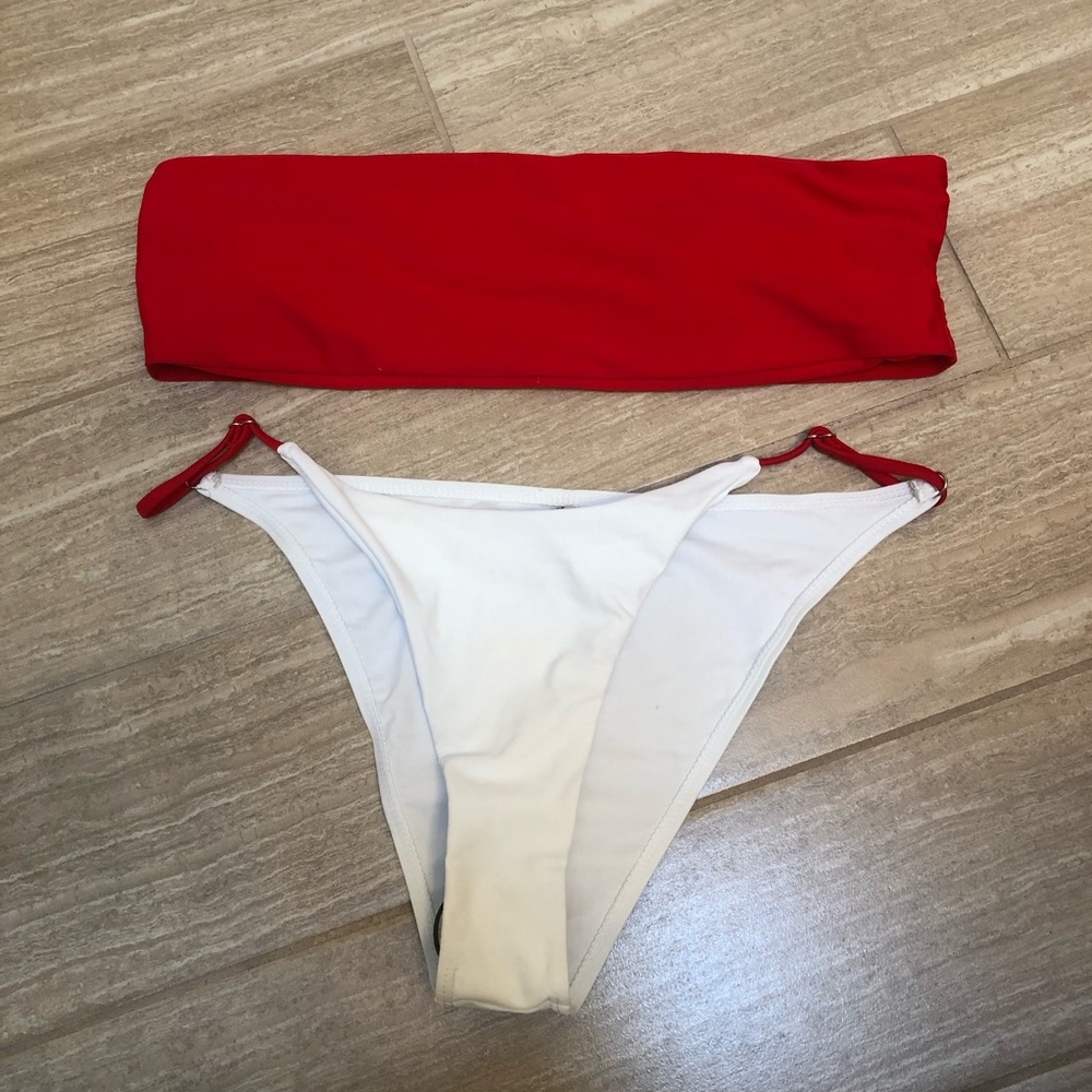 NWOT Shein Red Bandeau Top with White Bikini Bottom Set Size XL